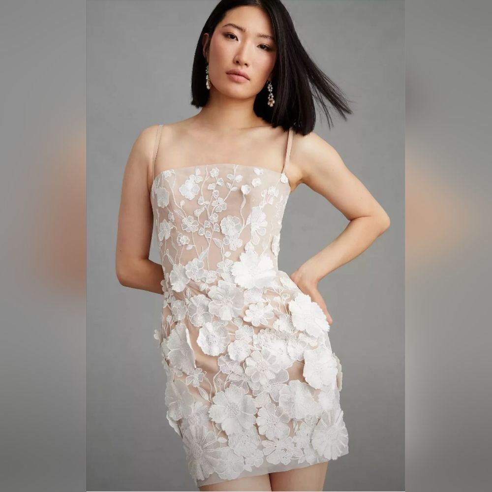 Anthropologie Helsi Structured 3d Floral-Embellished Mini Dress In White M Nwt